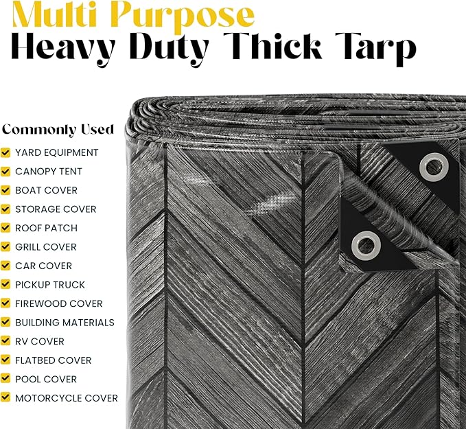 Core Tarps Extreme Heavy Duty 20 Mil Tarp Cover, Waterproof, UV Resistant, Rip and Tear Proof, Poly Tarpaulin with Reinforced Edges for Roof, Camping, Patio, Pool, Boat (Grey Wood/Black 12′ X 25′)
