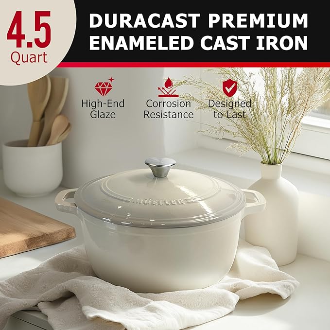MÜELLERHOME 4.5 QT Enameled Cast Iron Dutch Oven, Heavy-Duty Casserole Dish and Braiser Pan with Lid and Stainless Knob, Oven-Safe up to 500° F & Across All Cooktops, Oyster White