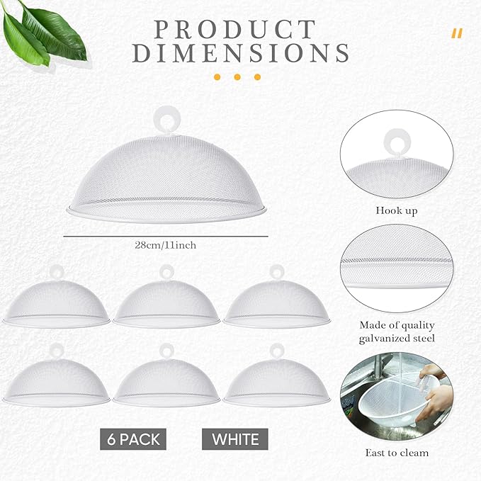 Gerrii 6 Pcs Metal Mesh Food Cover Outdoor Mesh Food Tents Dome Screen Plate Covers for Dinner Plates Reusable Fruit Fly Nets Picnic Food Umbrella for Table, BBQ, Camping, Party (White,11 Inch)