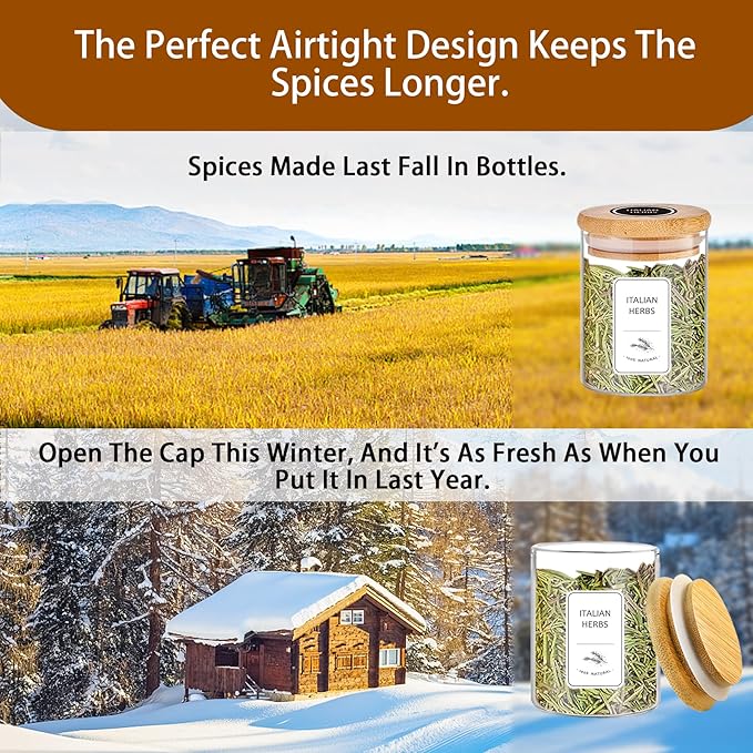 SLifeJars-Spice Jars with Label, 7.5 oz 20pcs Spice Containers Glass Jars with Bamboo Lids, Seasoning Containers Bottles,Airtight Empty Spice Jars for Spice Rack, Drawer,Cabinet,Pantry