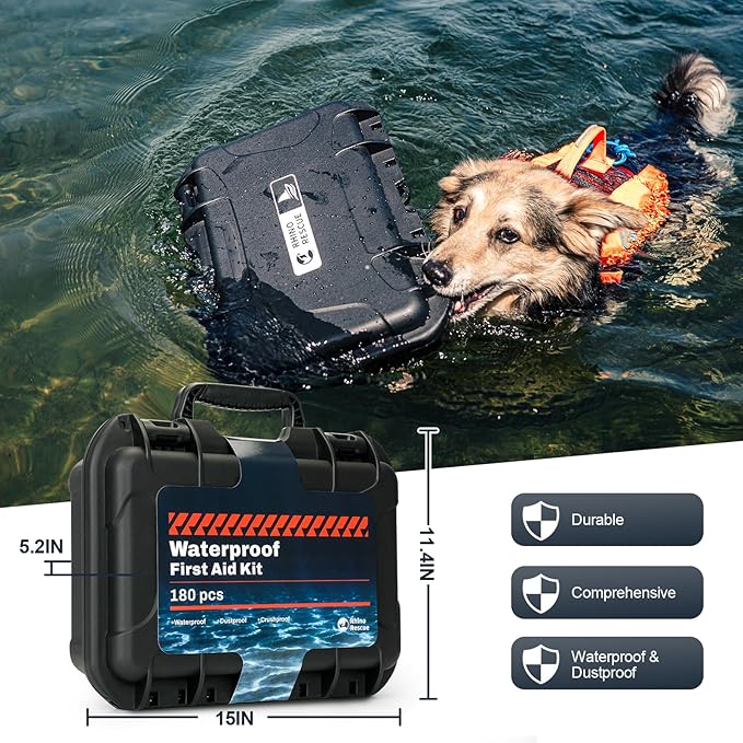 RHINO RESCUE Waterproof Marine First Aid Kit for Boat Durable First Aid Box for Crews with Emergency Medical Supplies for Travel & Fishing (Red)