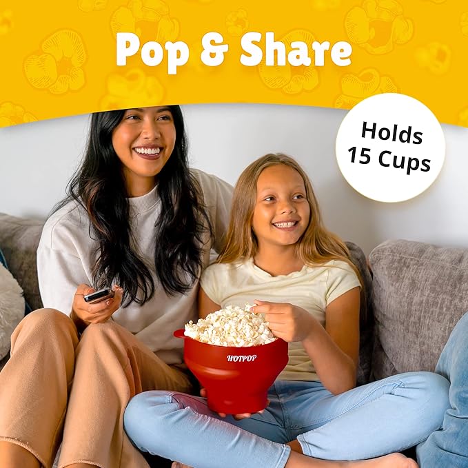 The Original HotPop Silicone Popcorn Maker - Microwave Popcorn Popper - Collapsible Bowl, Heat-Resistant, Easy to Clean, Ideal for Family Movie Nights, 15-Cup Capacity - Cherry
