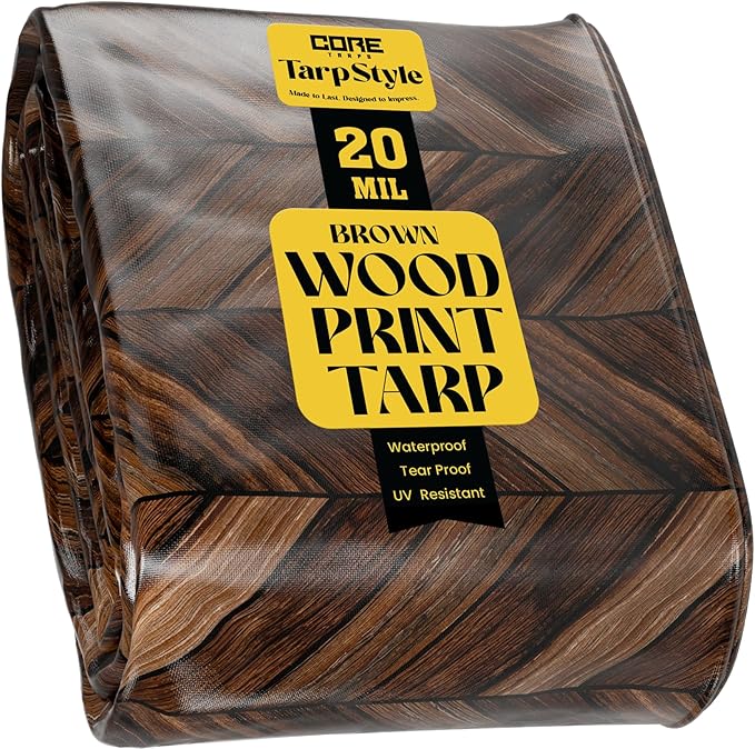 Core Tarps Extreme Heavy Duty 20 Mil Tarp Cover, Waterproof, UV Resistant, Rip and Tear Proof, Poly Tarpaulin with Reinforced Edges for Roof, Camping, Patio, Pool, Boat (Brown Wood/Black 40′ X 40′)