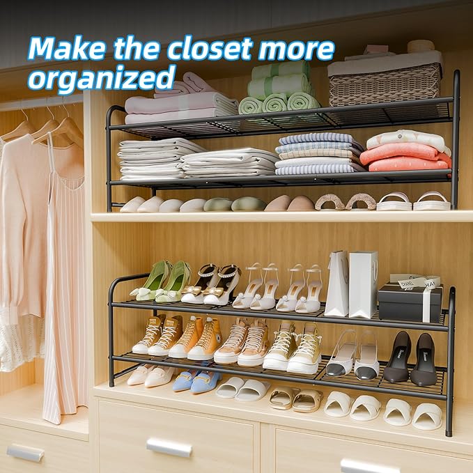 2 Tier Shoe Rack for Closet, 44 Inch Extra Long Shoe Storage Organizer for Shelves, Heavy Duty Metal, Easy Assembly, Black