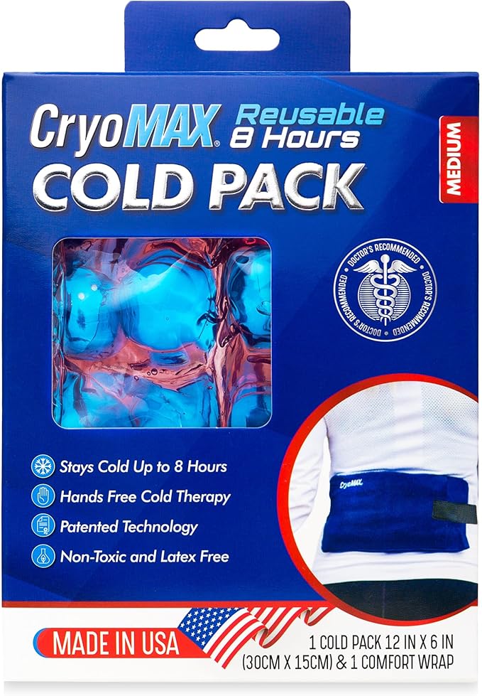 Cryo-Max Cold Pack, 8 Hour Reusable Cold Therapy Ice Pack for Elbows, Knees, Neck + More, Medium, 6" x 12" (1 Count)