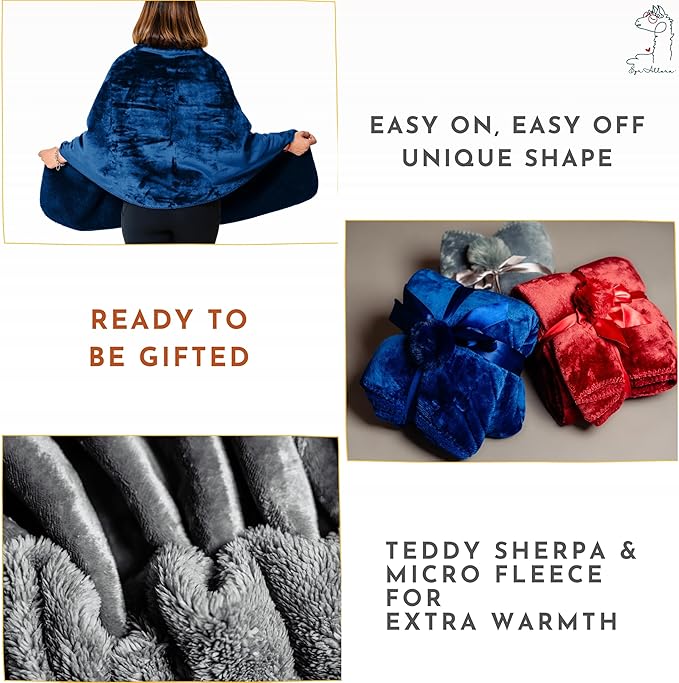 Premium Double Layer Poncho Blanket for Women -Drape and Go No Sleeves- Sherpa Fleece Shawl with Pockets - Wearable Blanket - Gifts for Her Mom and Grandma (Blue)