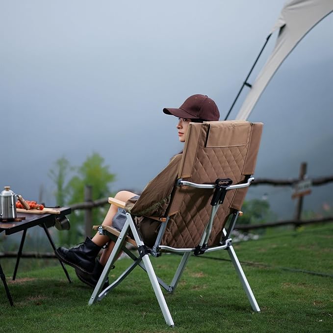 Reclining Camping Chair 2 Pack, Folding Lawn Chairs with 4-Stage Adjustable High Back for Adults Heavy Duty, Compact Foldable Outdoor Patio Recliner Chair with Side Bag (Khaki)