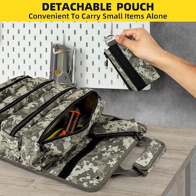 Tool Bag Roll Up, UUP Heavy Duty Rolled Empty Tool Storage Organizing, Portable Tool Roll Container with 2 Detachable Pockets, Folding Tool Holder, Father Day Dad Men Electrician Gift, Camouflage