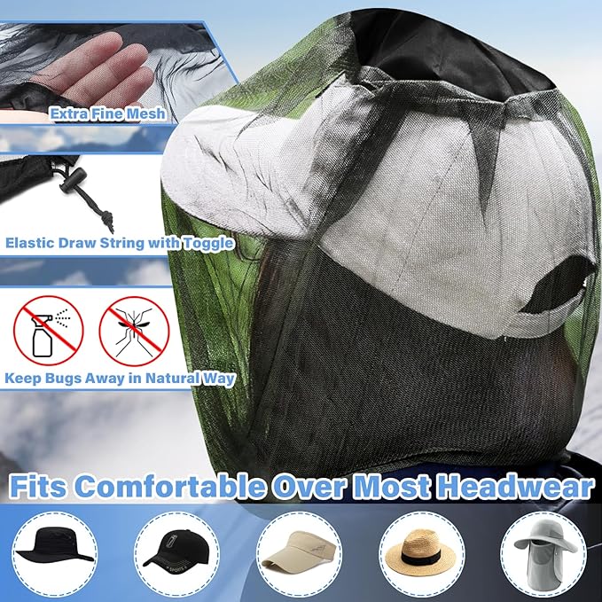 Benvo Mosquito Head Net Mesh One Piece Face Neck Fly Netting Cover from Bugs Gnats Noseeums Hat-Compatible Insect Shield for Fishing, Camping, Gardening (2pcs, Black, Upgraded Big Net)