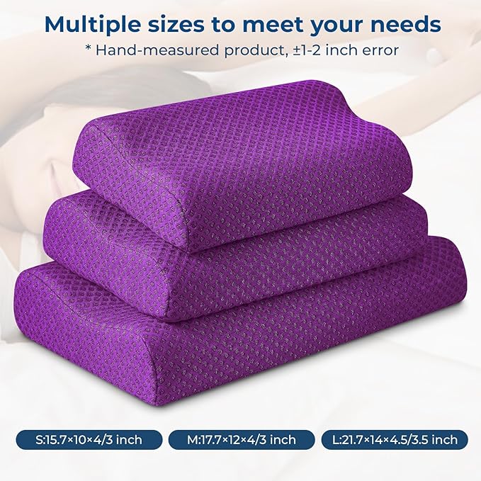 Travel Pillow Memory Foam Pillows, Ergonomic Wave Cervical Neck Pillow for Neck Pain Relief, Compressible Medium Firm Side Sleeper Pillow, Ideal for Camping, Office, Home & Bed (Purple, L)