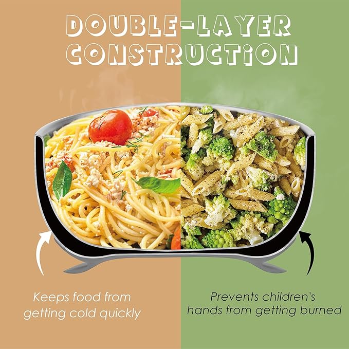 MR. CHOU Baby Bowls with Non-Slip Silicone Suction Cup, Insulated Double-Layer 304 Stainless Steel Toddler Bowls with BPA Free Airtight Lids, Food-Grade Silicone Safe for Kids (Gray)