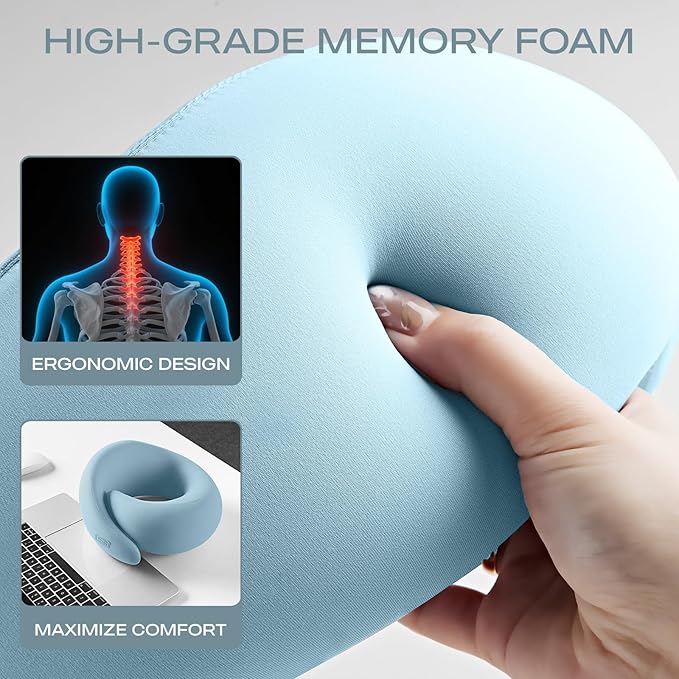 Skechers Memory Foam Travel Pillow,Comfortable & Breathable Airplane Travel Essential, Neck Pillow for Travel, Car Rides, Home, and Office Use, Ergonomic Design for Men and Women,Blue
