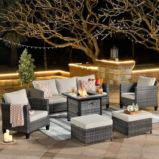ovios 6 Pieces Patio Furniture Set with 30" Fire Pit Table, Outdoor Wicker Sofa with Comfy Cushions, All Weather High Back Rattan Couch Conversation Set, Beige