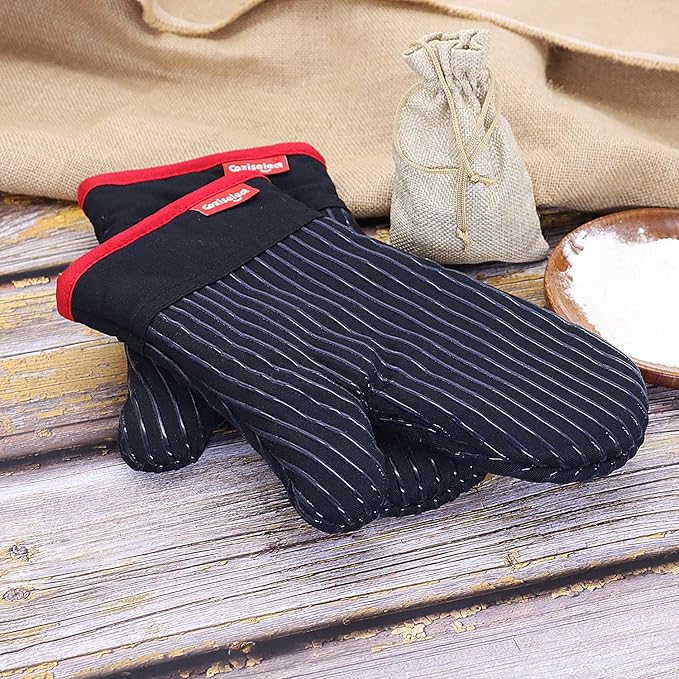 Oven Mitts Set, Oven Mitt Heat Resistant, Cotton Oven Mitts 500 Degrees, Oven Gloves for Kitchen Cooking Grill, Kitchen Mitts for Oven, Black Oven Mits Heavy Duty Thick