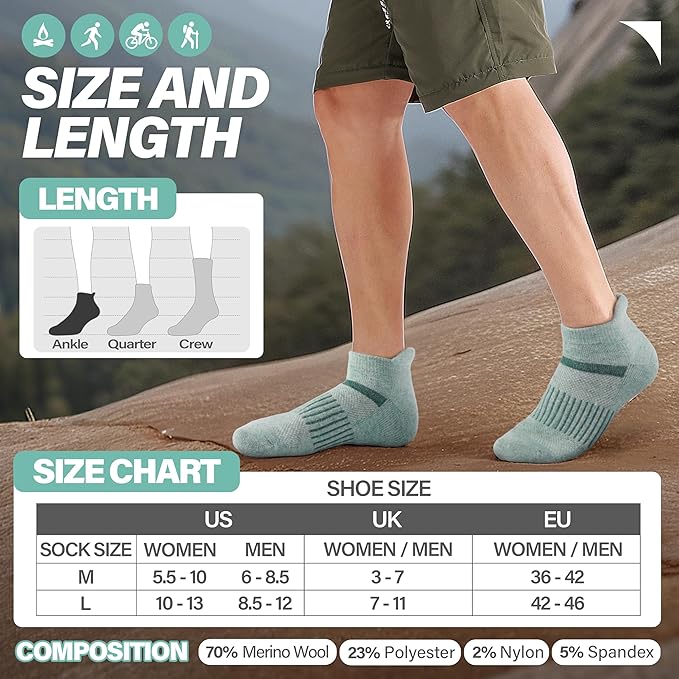 6 Pairs Merino Wool Ankle Running Hiking Socks Compression Support Breathable Thick Cushion No Show Socks for Women Men
