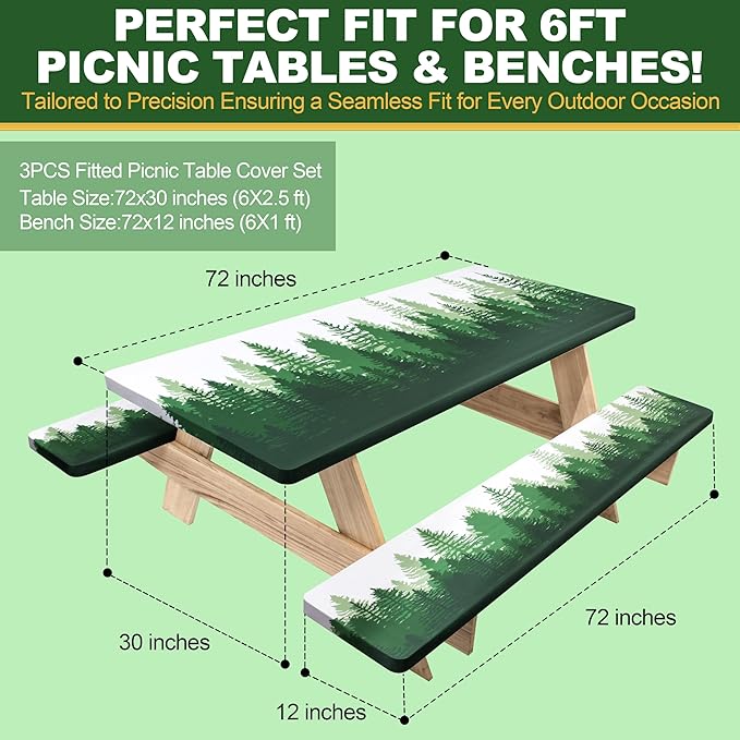 72 X 30 Inch Elastic Fitted Camping Table Cover with Bench Covers & Storage Bag, Picnic Tablecloth, Fits 6ft Picnic Tables,Washable & Reusable, Spill Resistant, Waterproof - Green Pines