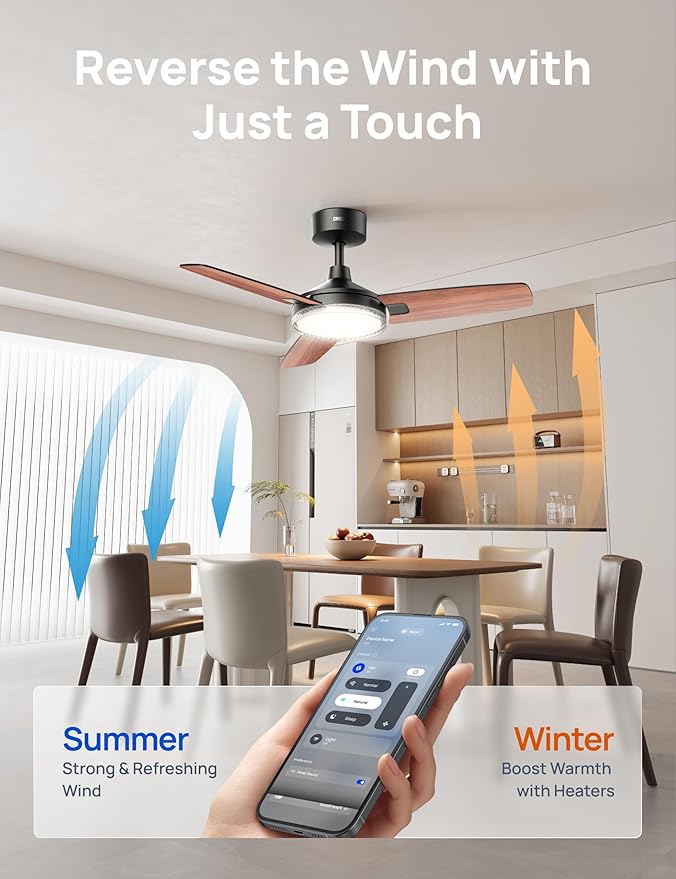 Dreo Smart Ceiling Fans with Lights, 42 Inch Black Ceiling Fan, 12 Speeds & 3 Fan Modes, Stepless Color Tones, Dimmable LED Light, 1-12H Timer, Quiet DC Motor, Remote/APP/Alexa/Wall Switch Control