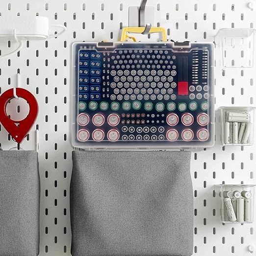 Battery Organizer Storage Holder- Batteries Case Containers Box with Tester Checker BT-168. Garage Organization Holds 225 Batteries AA AAA C D Cell 9V 3V Lithium LR44 CR2 CR1632 CR2032 (Grey)