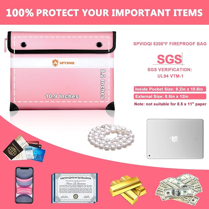 Upgraded Fireproof Document Bag 5200°F - with Heat Insulated, Fireproof Bag with Zipper/Reflective Strip, 9 Layers of Functional Materials, Fireproof Money Bag for Cash/Documents, Water Resistant Pink