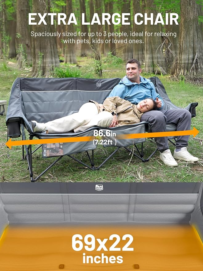 TIMBER RIDGE Padded 3 Person Camping Chair Supports to 1050lbs, Portable Camp Couch Double Camping Chairs, Outdoor Oversized Folding Loveseat Perfect for Campsites, Patio/Lawn, Soccer Games, Grey