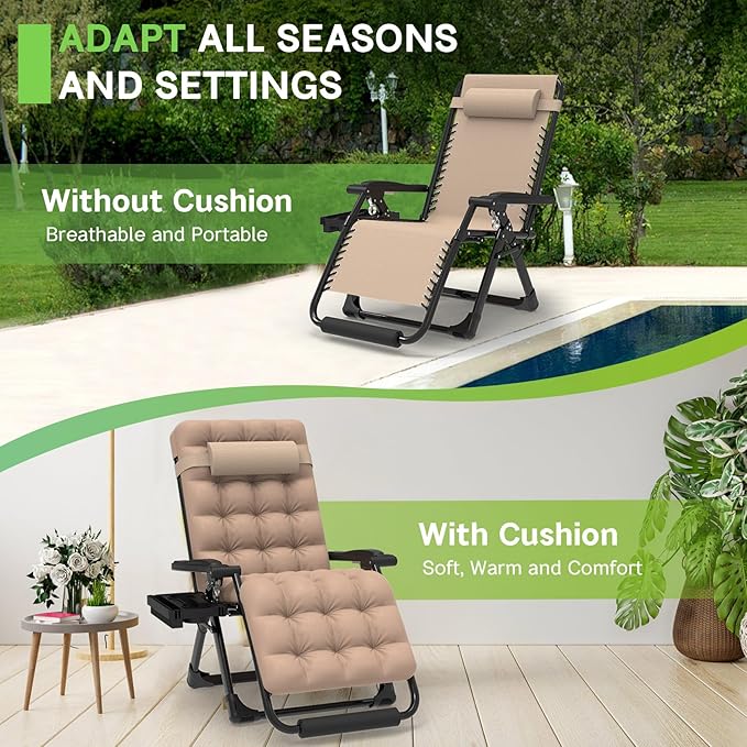 ZENPETIO 29In XL Zero Gravity Chair w/Cushion, Zero Gravity Recliner Lounge Chair for Indoor and Outdoor, Reclining Camping Chair for Lawn, Anti Gravity Chair with Cup Holder and Footrest, 440LBS