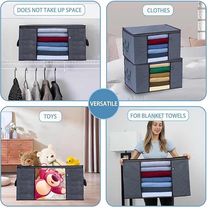 VENO 3 Pack Extra Large Clothes Storage Bag Organizer with Reinforced Handle Thick Fabric for Comforters, Blankets, Bedding, Foldable with Sturdy Zipper, Clear Window, Grey, Reusable (24 Gallon)