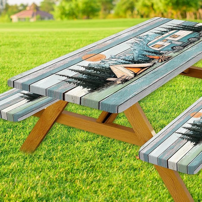 JAWO Picnic Table Cover with Bench Covers Outdoor Camping Essentials Windproof Waterproof Fitted Picnic Table Cloth Wood Texture Fitted Picnic Tablecloth with Elastic, 30x72in