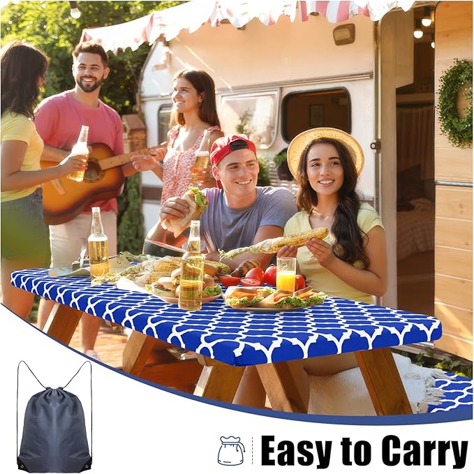 Smiry Picnic Table Cover with Bench Covers, Waterproof Elastic Fitted Tablecloth for 8 Foot Tables, Washable Polyester Tablecloths for Camping, Indoor & Outdoor (Blue Morocco, 30x96 Inch 3-pc Set)