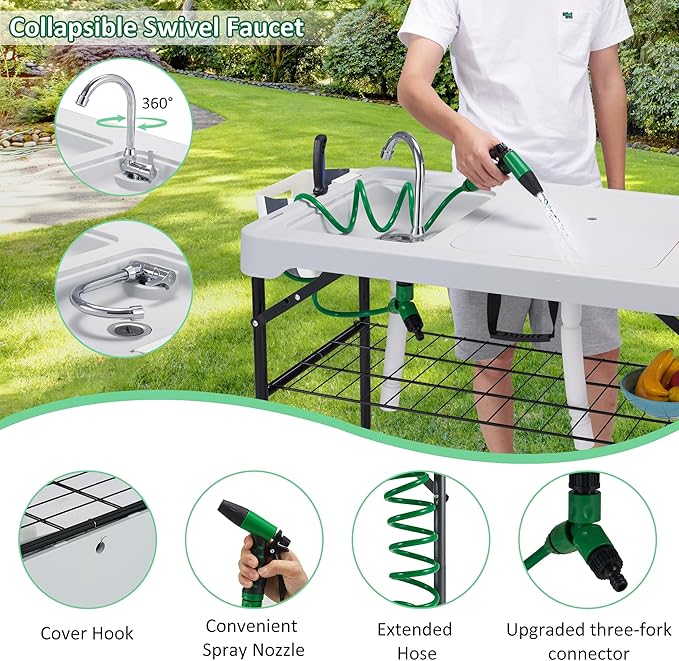 Dragosum 42'' Outdoor Fish Cleaning Table Portable Camping Sink Station with Double Sinks, Collapsible Swivel Faucet, Picnic Sink Table for Picnic Beach Patio