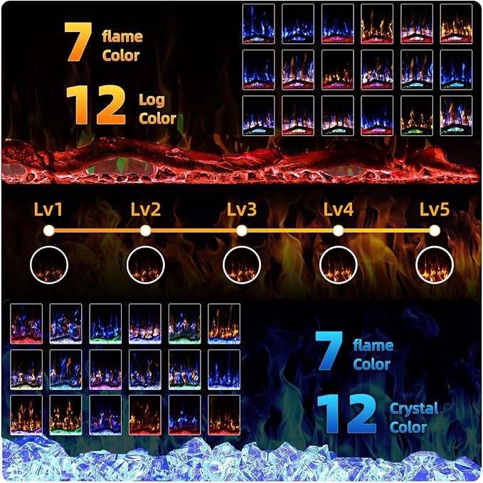 BREEZEHEAT 42 Inch Electric Fireplace-Recessed & Wall Mounted Linear Fireplace-750/1500W Heater w/Temperature Control, Log & Crystal Options, Adjustable Flame, Remote Control