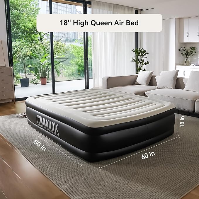 COMMOUDS Queen Air Mattress with 2000mAh Battery Powered Pump, 18" Raised Inflatable Mattress, Portable Blow up Mattress, Air Bed for Camping, Home and Guest