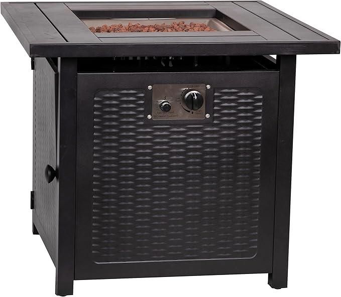 EMMA + OLIVER Calder Fire Table - Black Steel Base - Wicker Detailing - Stainless Steel Top - Removable Lid - Includes Lava Rocks - Hideaway Tank Holder