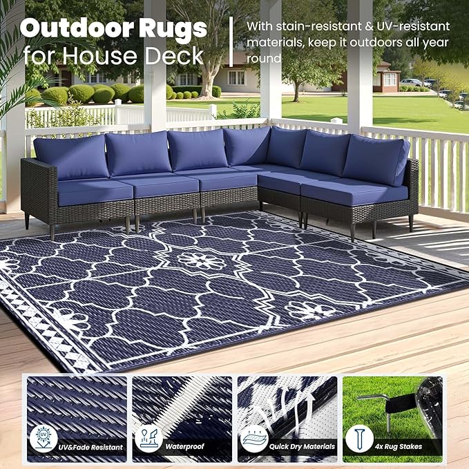 Outdoor Rug 6x9Ft, Waterproof Outdoor Patio Rug for House Deck Reversible Plastic Straw Mat for RV Camping Picnic Beach Balcony (Blue White)
