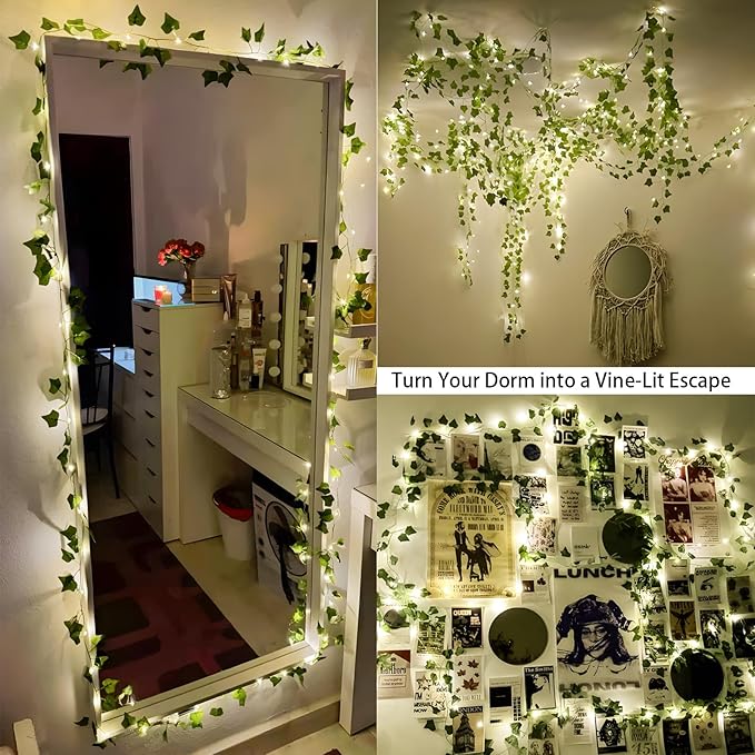 YOUNGAR Ivy Vines with Fairy Lights,Leaf String Lights Battery/USB Operated,23FT 73LED Fake for Bedroom Wall Room Wedding Birthday Garden Party Wall Room Decor (Warm White)