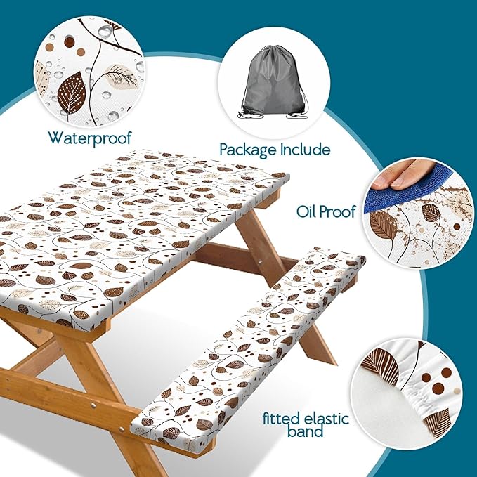Picnic Table Cover with Bench Covers, Brown Leaf Plaid Leaf Elastic Edges Waterproof Windproof Camping Essentials, Camping Fitted Tablecloth with Drawstring Bag, 60in, Brown