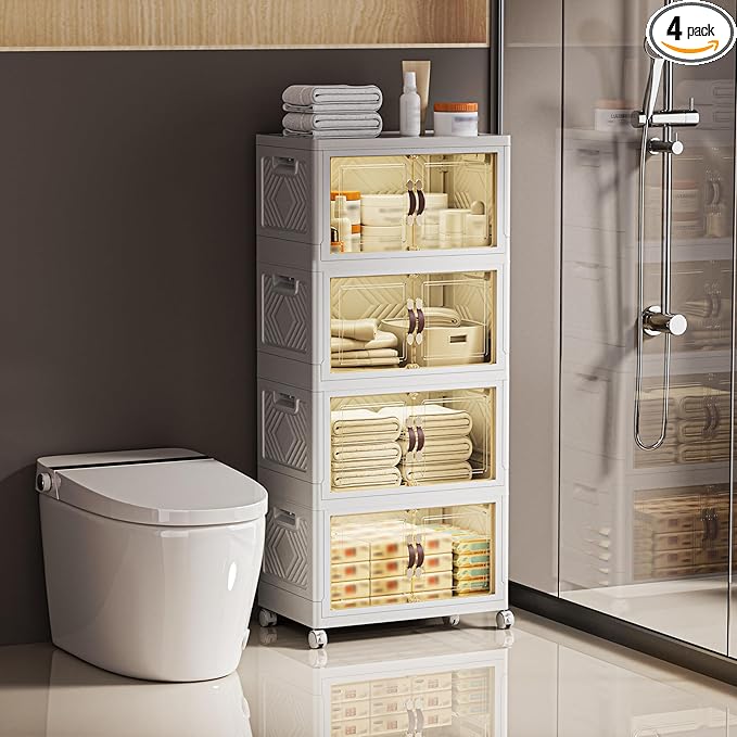 268 QT / 67 Gal White Storage Bins with 1 Lid - Collapsible Stackable Cabinet Organizer w/Wheels & Magnetic Doors, Plastic Storage Box for Office Closet Organization