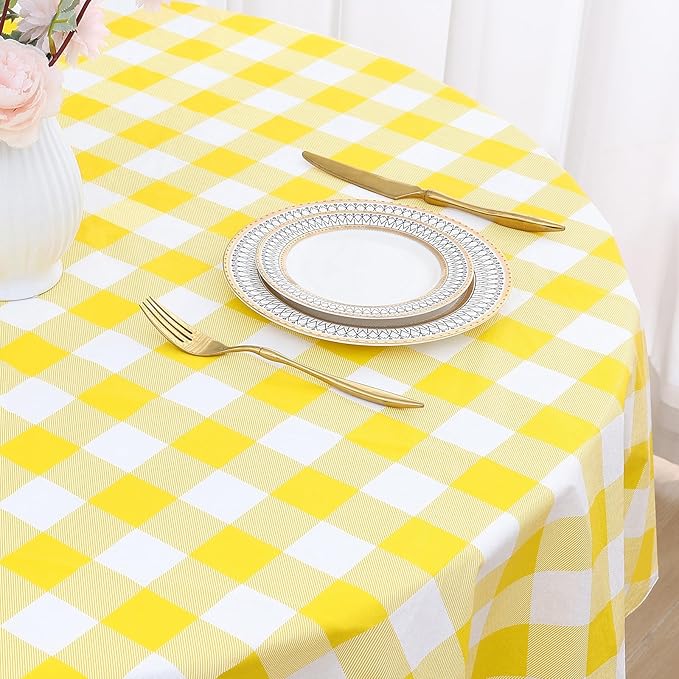 misaya Round Waterproof Vinyl Table Cloth, Buffalo Flannel Backed Tablecloth, Wipeable Plastic Table Cover for Dinner, Kitchen, Picnic (60", Yellow and White)