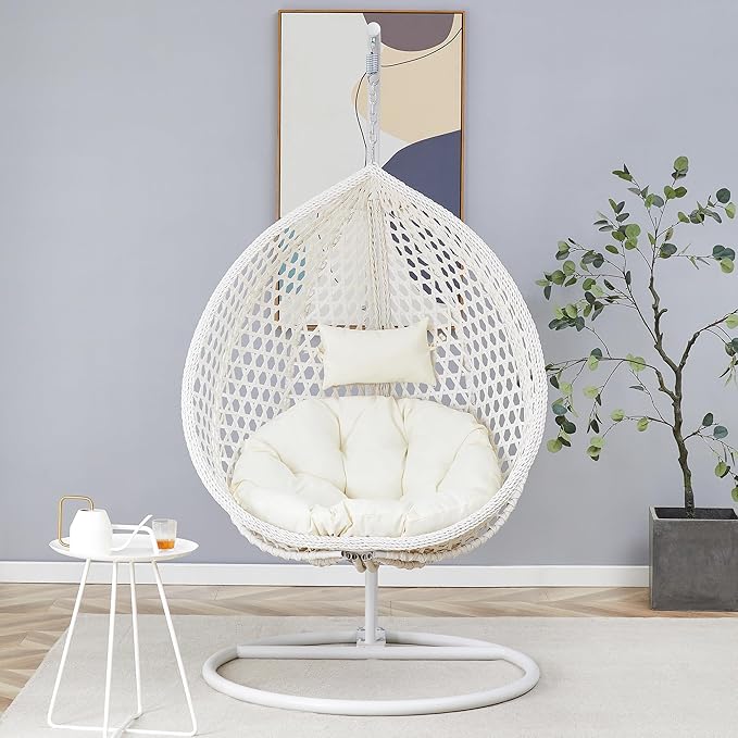 JUFU Egg Swing Chair with Stand,Hanging Egg Chair with Cushions and Pillow,Heavy Duty Lounge White Basket Chair,Indoor Outdoor Patio Porch Lounge Hammock Chair for Patio Balcony Backyard,Bedrooms