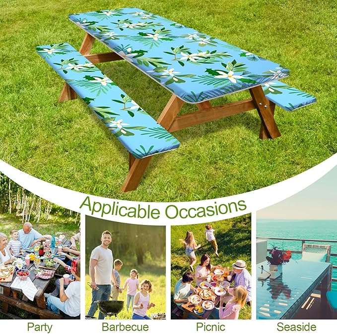 Picnic Table Cover with Bench Covers Camping Essentials Waterproof Windproof Camping Tablecloth with Drawstring Bag, Fitted Rectangle Tables and Seats, 96in, Blue White