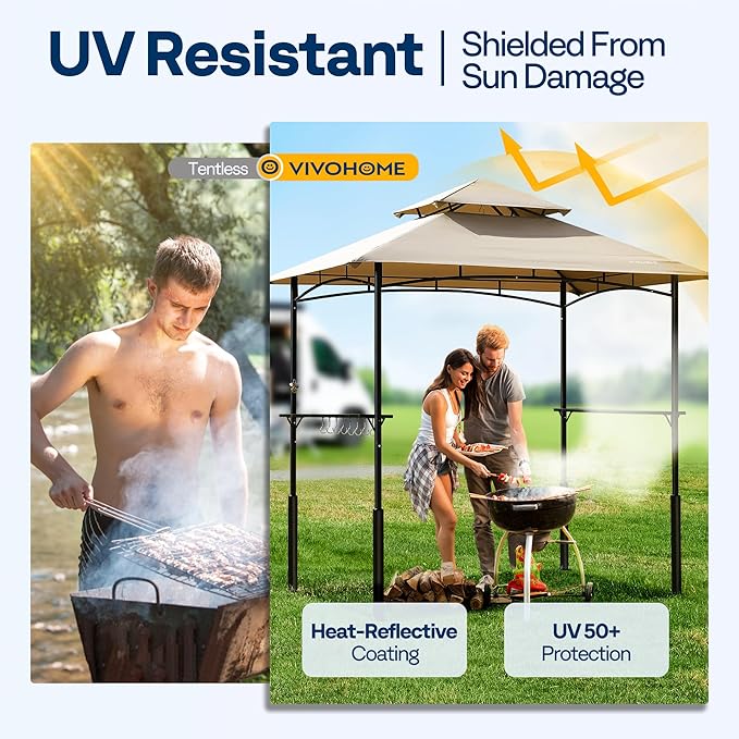 VIVOHOME Grill Gazebo Outdoor BBQ Patio Canopy Tent with Double Tiered Vented Top & 2 Side Shelves, Taupe