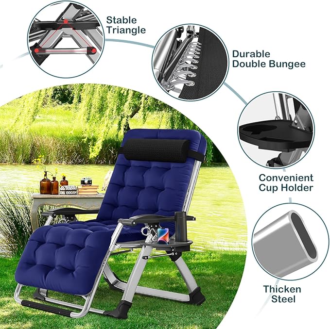 NAIZEA Padded Zero Gravity Chair, Folding Outdoor Lounge Chairs, Adjustable Reclining Camping Chairs with Cup Holder, Ergonomic Patio Lawn Chair for Balcony Beach Deck Yard