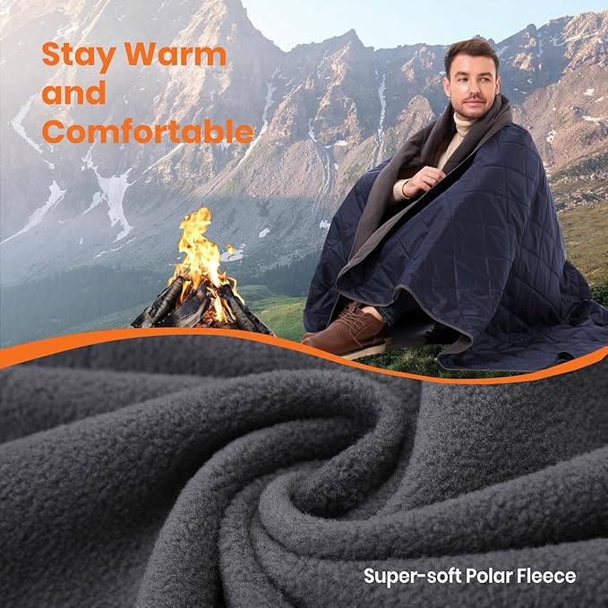 4-in-1 Large Outdoor Blanket - Waterproof & Windproof Thickened Warm Fleece Camping Blanket for Stadium, Hiking, Sporting Events - 81"x57", Packable (Royal Blue)