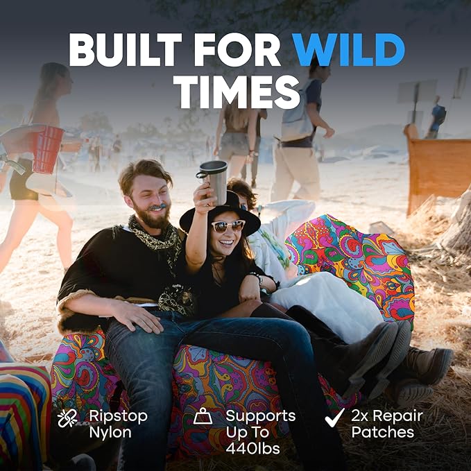 Chillbo Shwaggins Inflatable Couch – No-Pump Setup, Ripstop Polyester, Stability Pegs, Fun Prints, Portable Air Lounger for Beach, Camping, Festivals, and Tailgating - 60s Pyschedelic