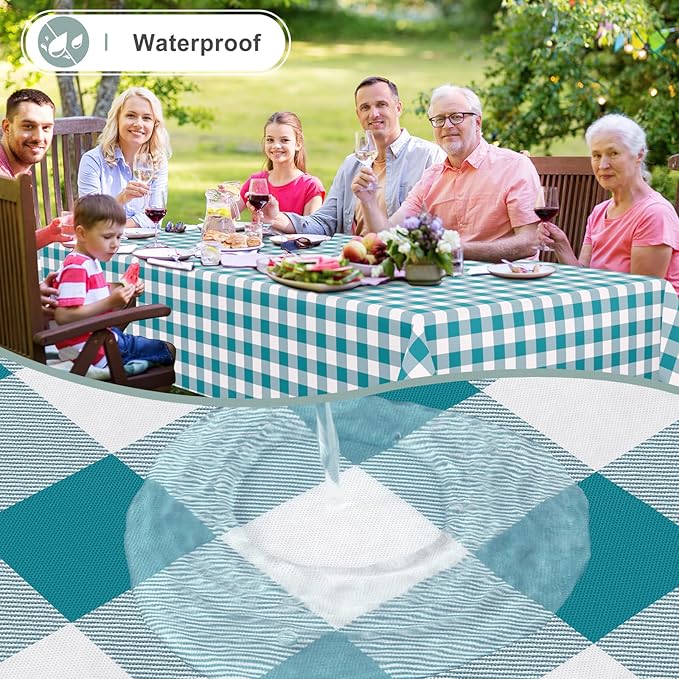 misaya Rectangle Waterproof Vinyl Table Cloth, Buffalo Flannel Backed Tablecloth, Wipeable Plastic Table Cover for Dinner, Kitchen, Outdoor (54" x 78", Turquoise and White)