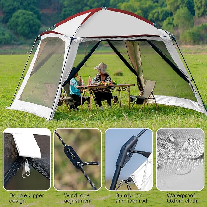 12x12 Ft Screen House Tent - Instant Pop Up Mesh Canopy Shelter with Waterproof & Sunshade Roof, Easy Setup for Camping, Backyard, Beach, Picnic, Red White