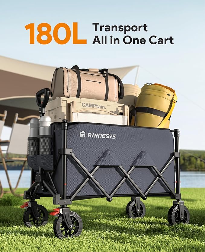 Wagons Carts Foldable, Collapsible Foldable Wagon 330lbs Capacity, 180L Large Capacity Foldable Wagon with All-Terrain Wheels,Heavy Duty Utility Wagon Cart with Brakes for Beach Camping Shopping, Grey
