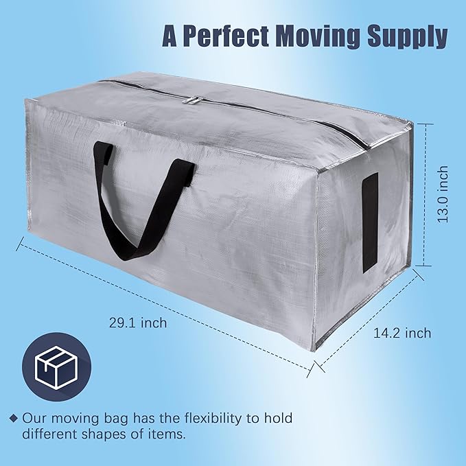 8 Pack Large Strong Bags with Zippers & Carrying Handles - Water-Resistant - Heavy Duty Storage Tote for Space Saving Storage, Fold Flat, Alternative to Moving Box (Silver)