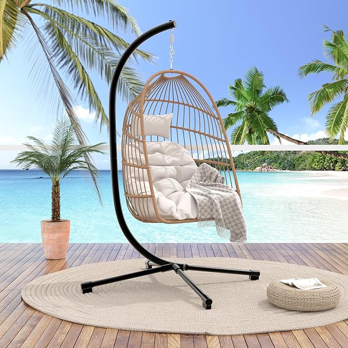 Foldable Hanging Egg Chair with Stand, HDPE Rattan and Heavy Duty Aluminum-Steel Frame, Outdoor Patio Wicker Swing Egg Chair with Headrest and Cushioned, 350Lbs Cap. (White Cushion, Yellow Rattan)