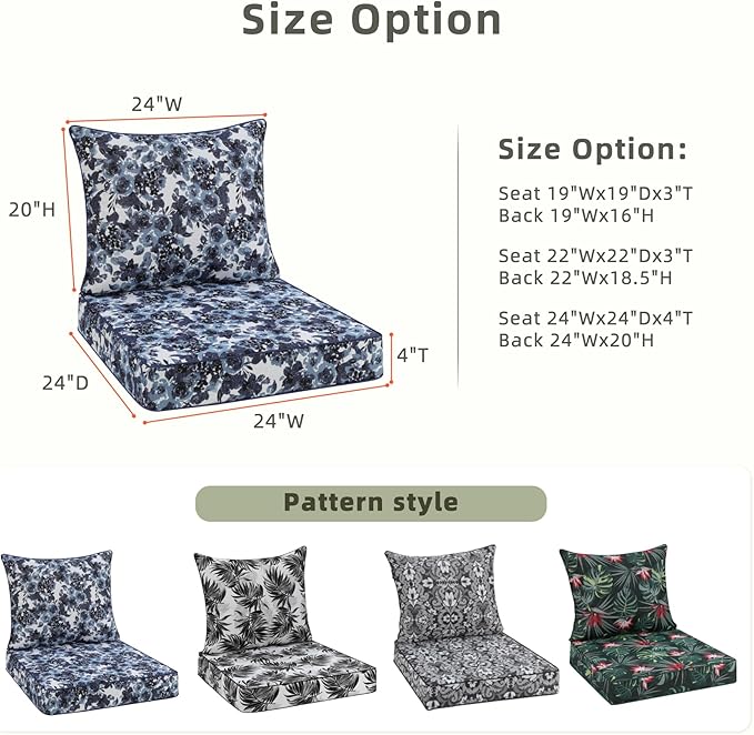 Favoyard Outdoor Seat Cushion 24 x 24 x 4 in Waterproof Pattern Fade Resistant Cover Removable Patio Furniture Cushions Deep Seat & Back Cushion Set with Adjustable Straps for Patio Chair Sofa Couch