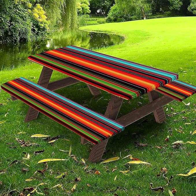 CAPSCEOLL Fitted Picnic Table Cover with Bench Covers with Elastic 6Ft Waterproof Camping Picnic Table Cover Cloths for Outdoors Camping Tablecloth with Drawstring Bag, 72X30in, Colorful Stripes
